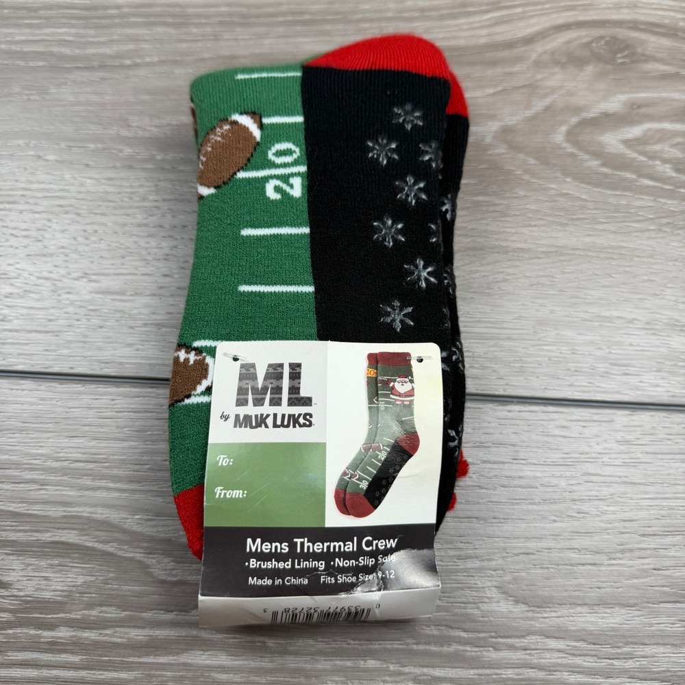 MUK LUKS Mens Thermal‎ Crew Socks Santa Football Christmas Green Red 9-12